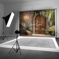 Lofaris Rustic Wooden Door Photography Backdrop with Chandelier French Country Floral Elegant Wedding Photo Background
