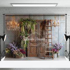 Lofaris Rustic Wooden Door Photography Backdrop with Chandeliers French Country Lilacs Elegant Wedding Photo Background