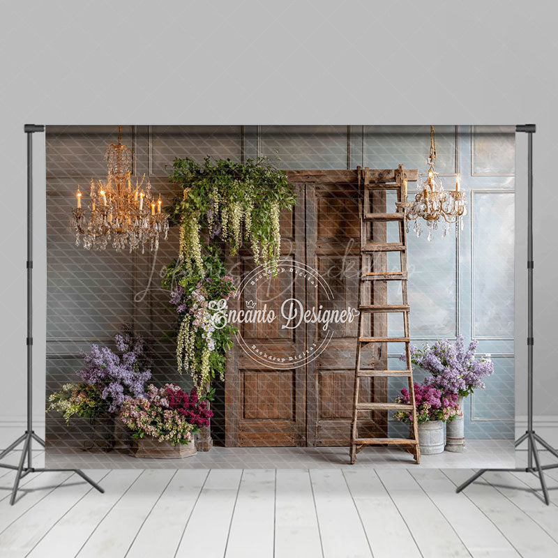 Lofaris Rustic Wooden Door Photography Backdrop with Chandeliers French Country Lilacs Elegant Wedding Photo Background