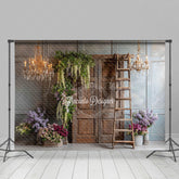 Lofaris Rustic Wooden Door Photography Backdrop with Chandeliers French Country Lilacs Elegant Wedding Photo Background