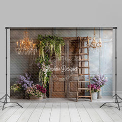 Lofaris Rustic Wooden Door Photography Backdrop with Chandeliers French Country Lilacs Elegant Wedding Photo Background