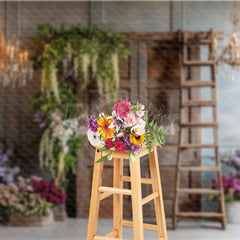 Lofaris Rustic Wooden Door Photography Backdrop with Chandeliers French Country Lilacs Elegant Wedding Photo Background