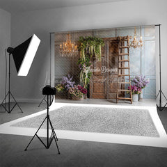 Lofaris Rustic Wooden Door Photography Backdrop with Chandeliers French Country Lilacs Elegant Wedding Photo Background
