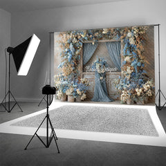 Lofaris Rustic Wooden Door Photography Backdrop with Dusty Blue Floral Farmhouse Wedding Moody Photo Background