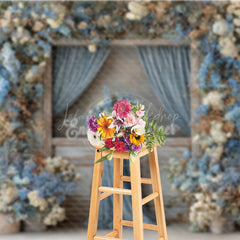 Lofaris Rustic Wooden Door Photography Backdrop with Dusty Blue Floral Farmhouse Wedding Moody Photo Background