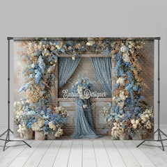 Lofaris Rustic Wooden Door Photography Backdrop with Dusty Blue Floral Farmhouse Wedding Moody Photo Background