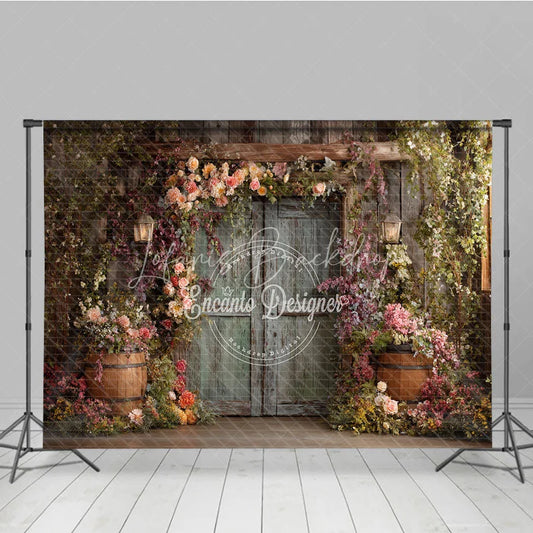 Lofaris Rustic Wooden Door Photography Backdrop with Lush Floral Vines Vintage Lanterns and Enchanted Garden Barrels