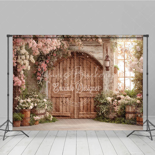 Lofaris Rustic Wooden Door Photography Backdrop with Pink Floral Arch Enchanted Garden Scene and Vintage Lantern