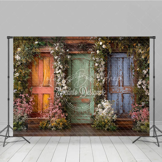 Lofaris Rustic Wooden Doors with Vibrant Floral Garlands Photography Backdrop Enchanted Garden Theme for Spring and Summer