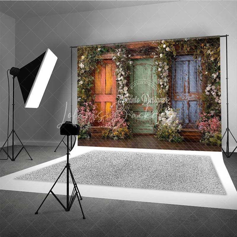 Lofaris Rustic Wooden Doors with Vibrant Floral Garlands Photography Backdrop Enchanted Garden Theme for Spring and Summer