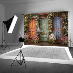 Lofaris Rustic Wooden Doors with Vibrant Floral Garlands Photography Backdrop Enchanted Garden Theme for Spring and Summer
