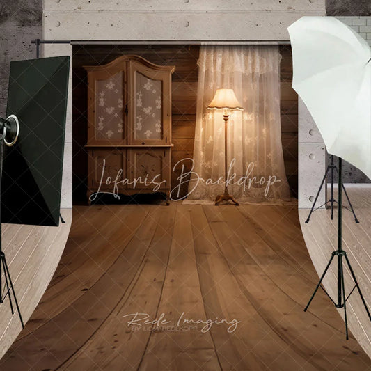 Lofaris Rustic Wooden Floor and Wall Sweep Backdrop Vintage Cabinet with Lace Curtain Warm Lamp