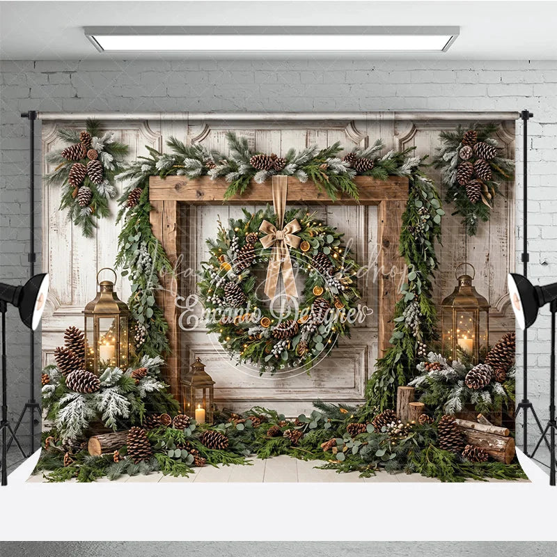 Lofaris Rustic Wooden Frame Holiday Backdrop with Festive Wreath Frosted Pinecones Warm Lanterns for Winter Celebration
