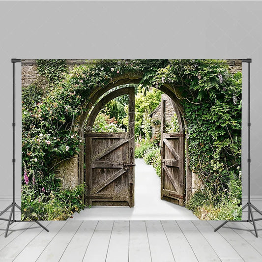 Lofaris Rustic Wooden Gate and Stone Wall Photography Backdrop Enchanting Garden Archway with Green Vines Flowers
