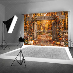 Lofaris Rustic Wooden Gate Autumn Photography Backdrop with Fall Leaves Pumpkins and Lanterns Harvest Decor.