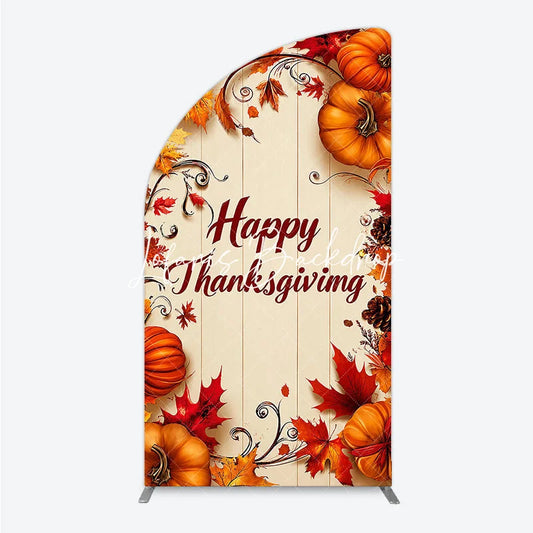 Lofaris Rustic Wooden Happy Thanksgiving Half Moon Arch Backdrop Autumn Pumpkins and Fall Leaves Decor