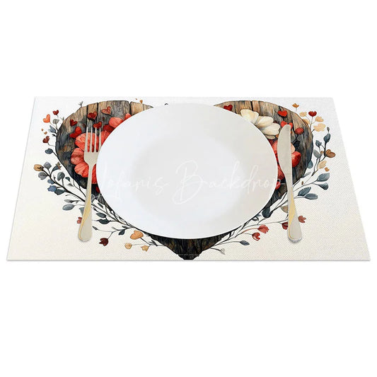 Lofaris Rustic Wooden Heart Floral Set of 4 Placemats Red White Flower Valentine Decoration Farmhouse Love Table Mat