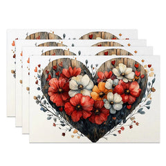 Lofaris Rustic Wooden Heart Floral Set of 4 Placemats Red White Flower Valentine Decoration Farmhouse Love Table Mat