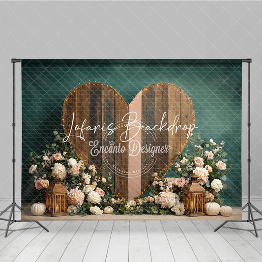 Lofaris Rustic Wooden Heart Photography Backdrop with String Lights Pink Flowers and Autumn Pumpkins Dark Teal Background