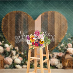 Lofaris Rustic Wooden Heart Photography Backdrop with String Lights Pink Flowers and Autumn Pumpkins Dark Teal Background