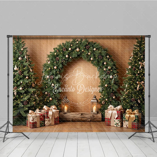 Lofaris Rustic Wooden Holiday Backdrop with Decorated Christmas Trees Festive Garland Arch and Golden Ornaments
