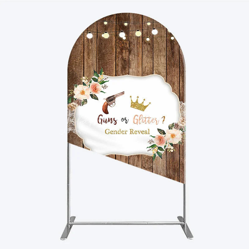 Lofaris Rustic Wooden Plank Cowboy and Glitter Crown Gender Reveal Arch Backdrop Kit String Lights Decor