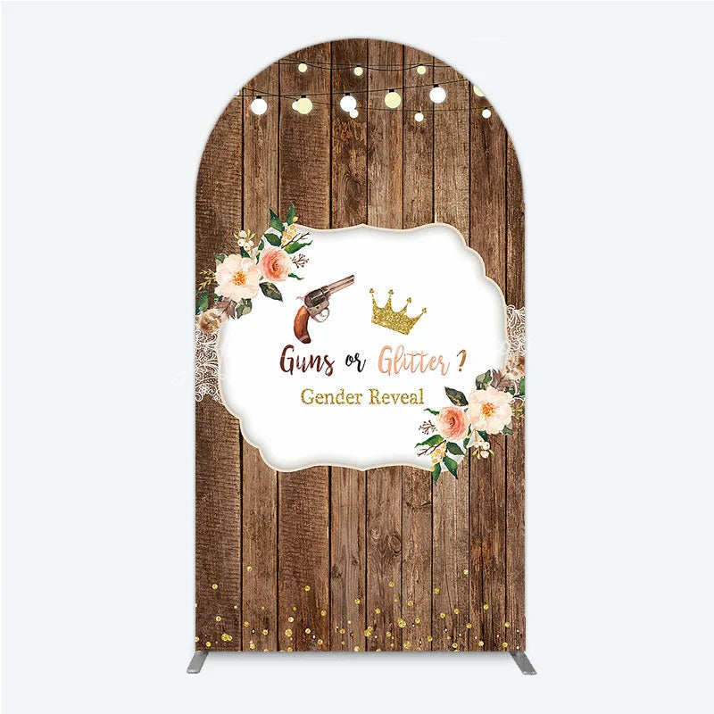 Lofaris Rustic Wooden Plank Cowboy and Glitter Crown Gender Reveal Arch Backdrop Kit String Lights Decor
