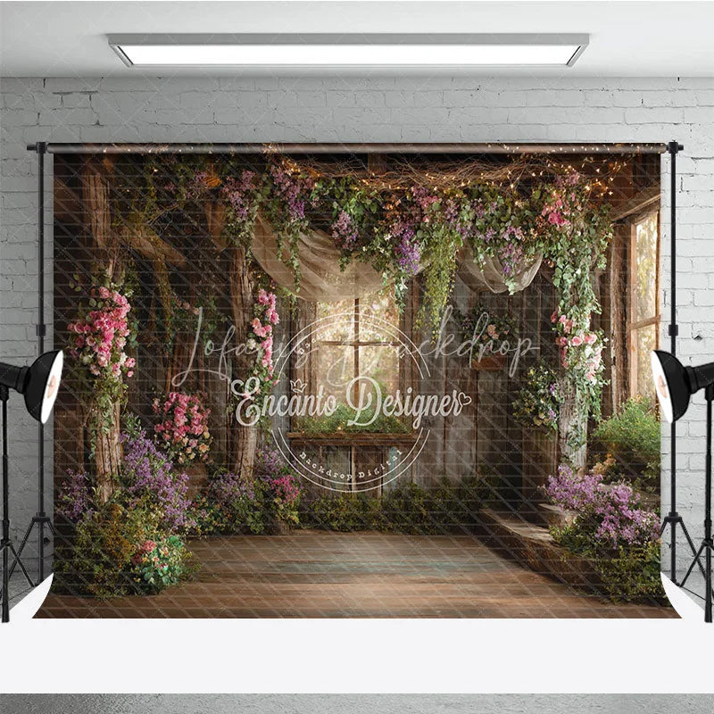 Lofaris Rustic Wooden Room Floral Photography Backdrop Enchanted Garden Window Twinkling Fairy Lights for Studio Portraits