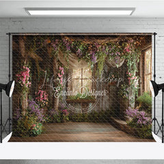 Lofaris Rustic Wooden Room Floral Photography Backdrop Enchanted Garden Window Twinkling Fairy Lights for Studio Portraits