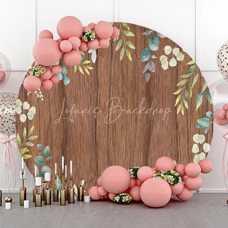 Lofaris Rustic Wooden Round Backdrop with Green Eucalyptus Leaves Elegant Natural Botanical Photo Booth Decor.