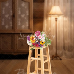 Lofaris Rustic Wooden Wall and Floor Photography Backdrop Vintage Cabinet with Lace Curtain Warm Lamp