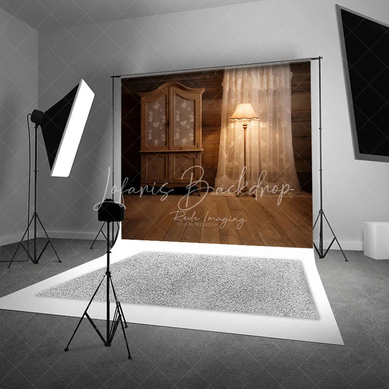 Lofaris Rustic Wooden Wall and Floor Photography Backdrop Vintage Cabinet with Lace Curtain Warm Lamp
