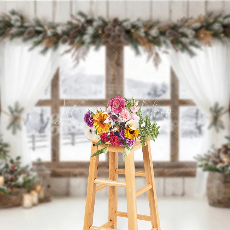 Lofaris Rustic Wooden Window Holiday Backdrop Snowy Winter Scene with Frosted Pine Garland and Warm Lights Decor