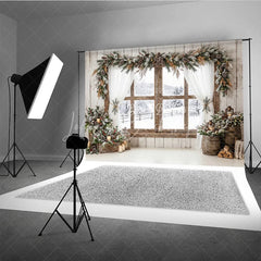 Lofaris Rustic Wooden Window Holiday Backdrop Snowy Winter Scene with Frosted Pine Garland and Warm Lights Decor