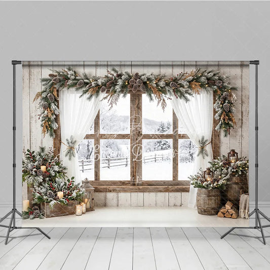 Lofaris Rustic Wooden Window Holiday Backdrop Snowy Winter Scene with Frosted Pine Garland and Warm Lights Decor