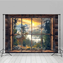 Lofaris Rustic Wooden Window View Photography Backdrop Sunrise Lake and Mountains Studio Background