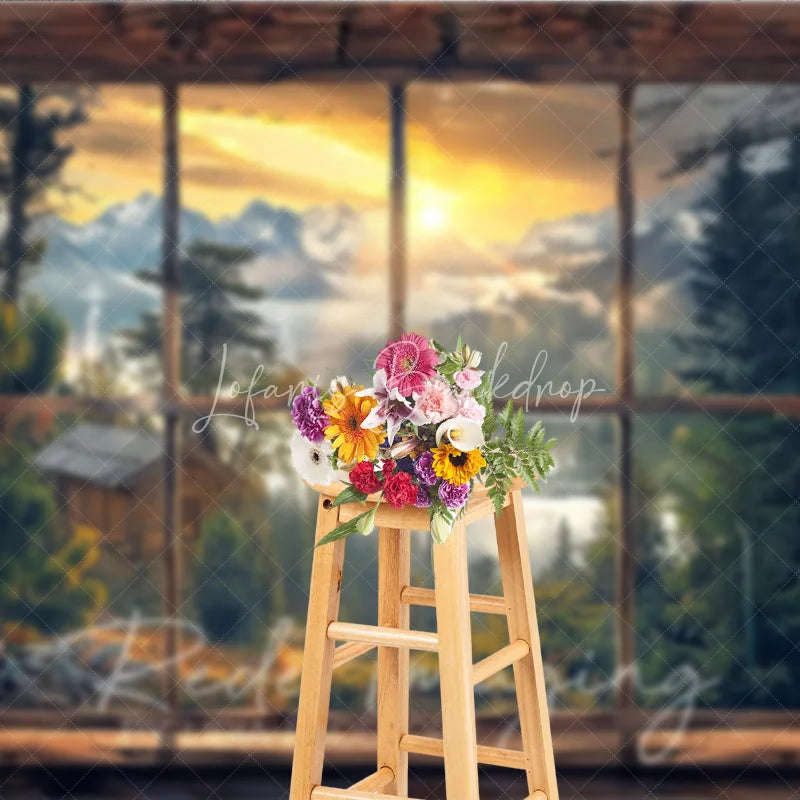 Lofaris Rustic Wooden Window View Photography Backdrop Sunrise Lake and Mountains Studio Background