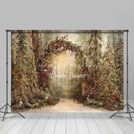Lofaris Rustic Woodland Forest Arch Backdrop Red Berry Sunlit Pine Tree Photography Background