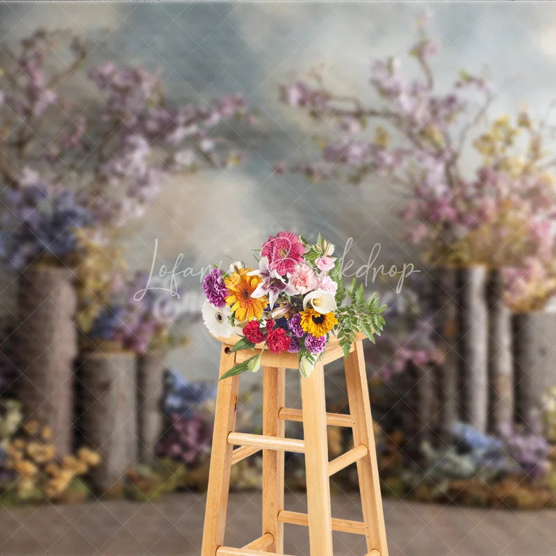 Lofaris Rustic Woodland Wedding Backdrop Floral Tree Stumps Photo Background Enchanted Forest Blossoms Photography for Bridal Shower