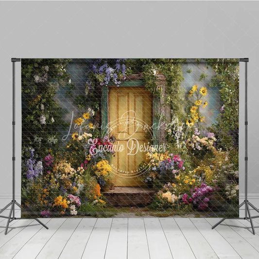 Lofaris Rustic Yellow Door Photography Backdrop with Vibrant Floral and Lush Greenery Enchanted Garden Scene