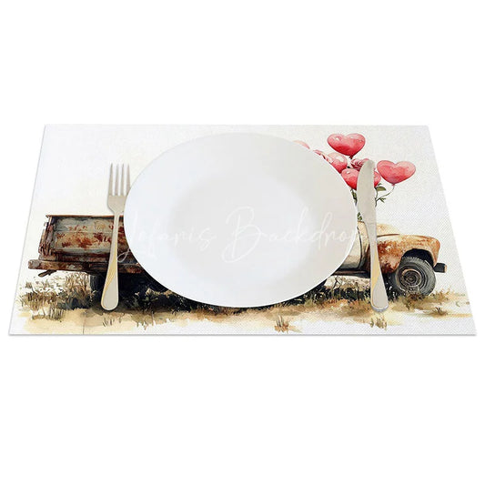 Lofaris Rusty Beige Truck Heart Balloon Set of 4 Placemats Vintage Rose Valentine Decoration Farmhouse Love Table Mat