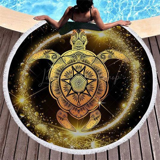 Lofaris Sacred Black Gold Turtle Pattern Round Beach Towel
