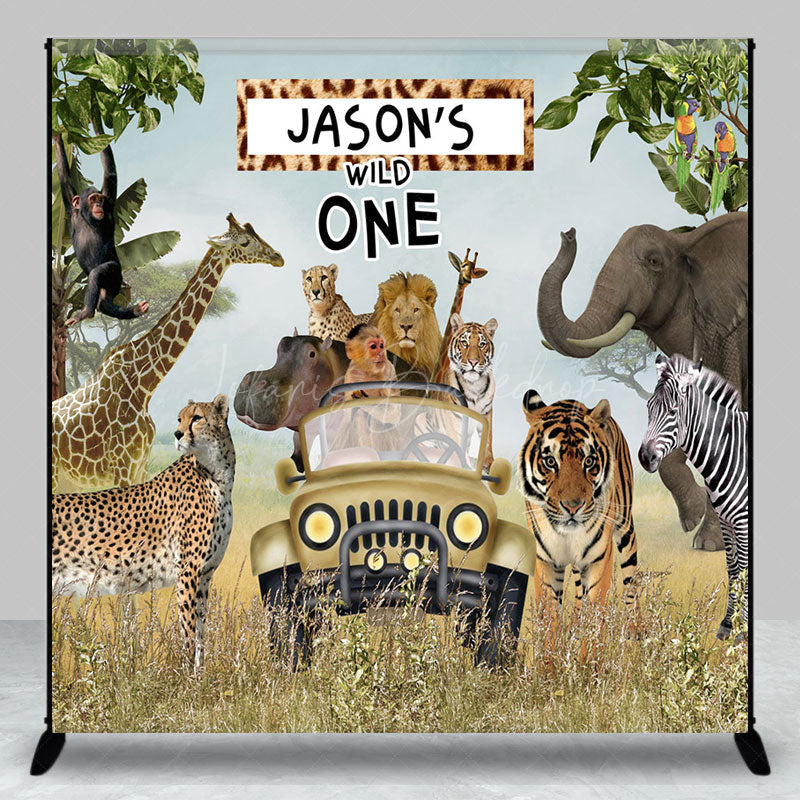 Lofaris Safari Animals Truck Wild One Custom Name Backdrop