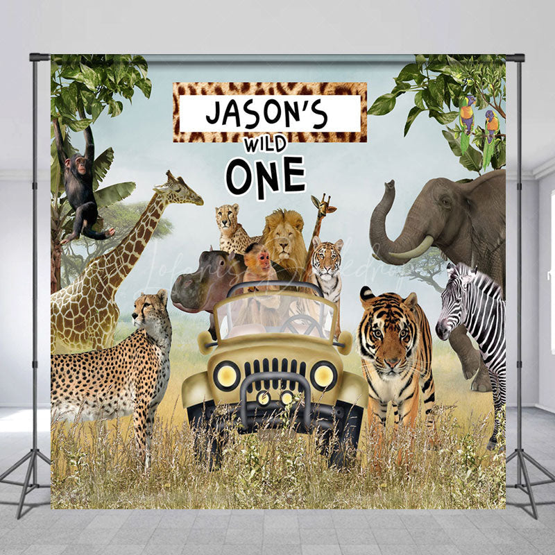 Lofaris Safari Animals Truck Wild One Custom Name Backdrop