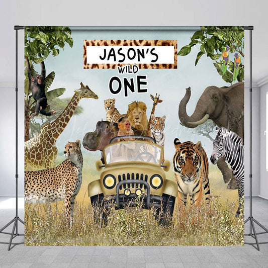 Lofaris Safari Animals Truck Wild One Custom Name Backdrop