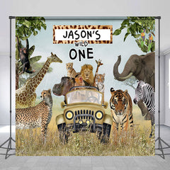 Lofaris Safari Animals Truck Wild One Custom Name Backdrop