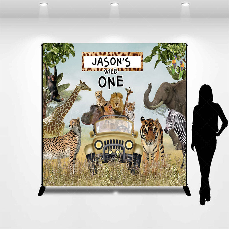 Lofaris Safari Animals Truck Wild One Custom Name Backdrop
