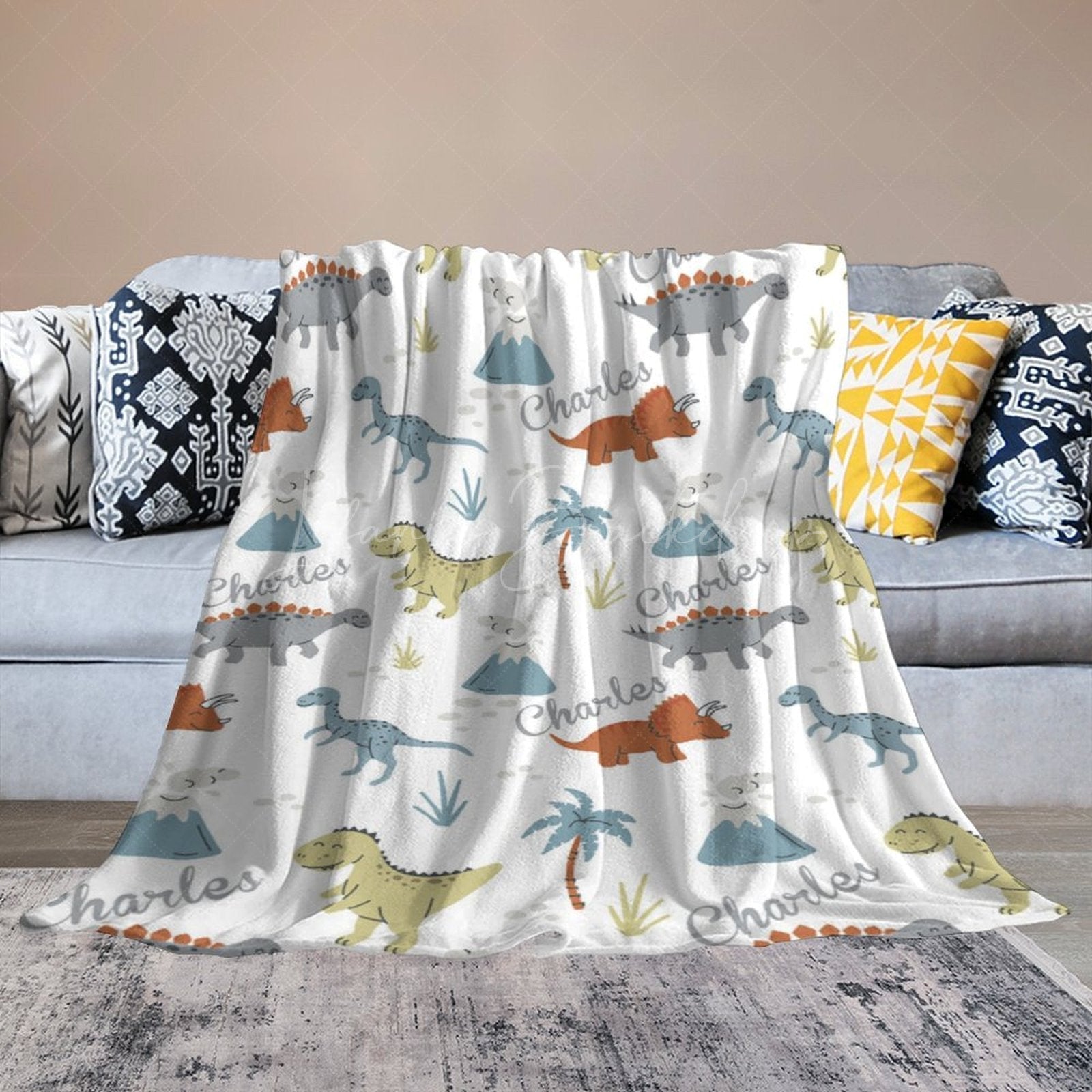 Lofaris Safari Dinosaurs Trees White Custom Name Blanket