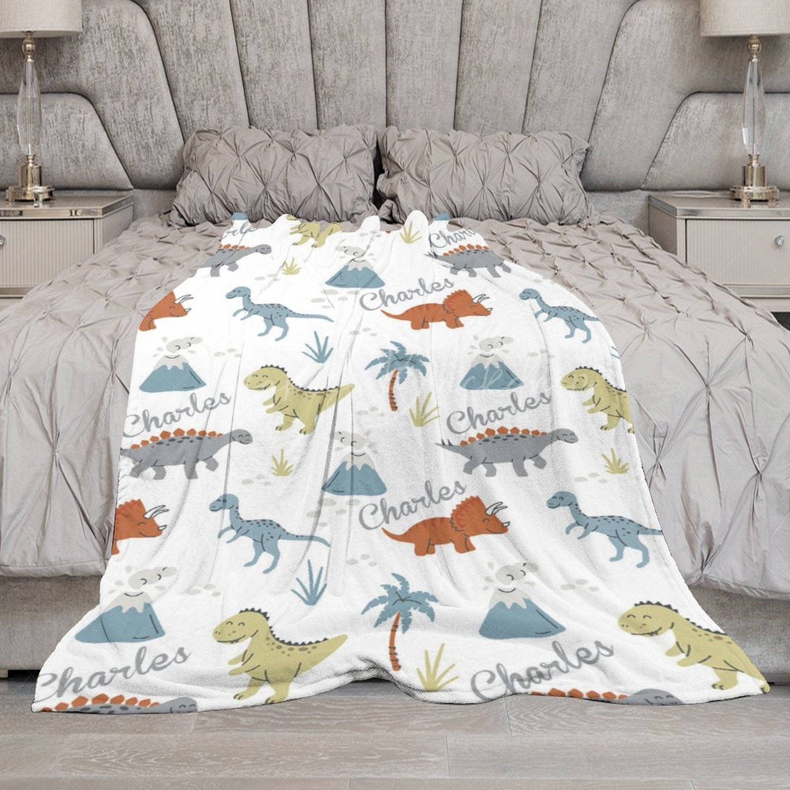Lofaris Safari Dinosaurs Trees White Custom Name Blanket
