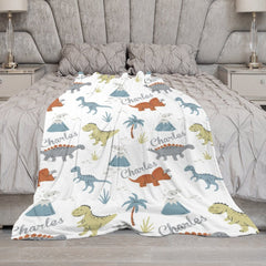 Lofaris Safari Dinosaurs Trees White Custom Name Blanket